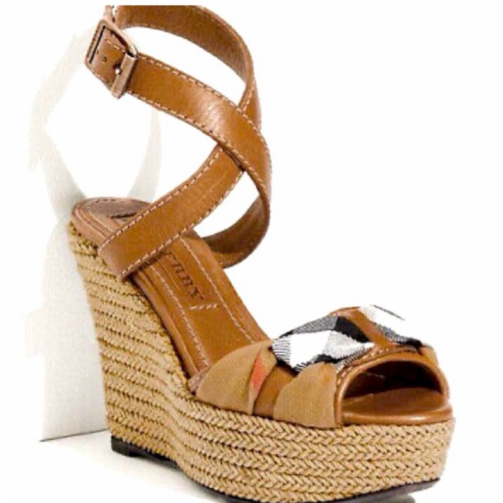 NWOT | AUTHENTIC Burberry Nova Check Leather Wedge Sandals | Ankle Strap | EU 39